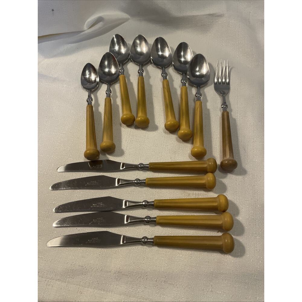 Vtg. MCM Yellow Oxford Hall Japan Flatware 13 PCS, 7 Spoons, 5Knives, 1 Forks